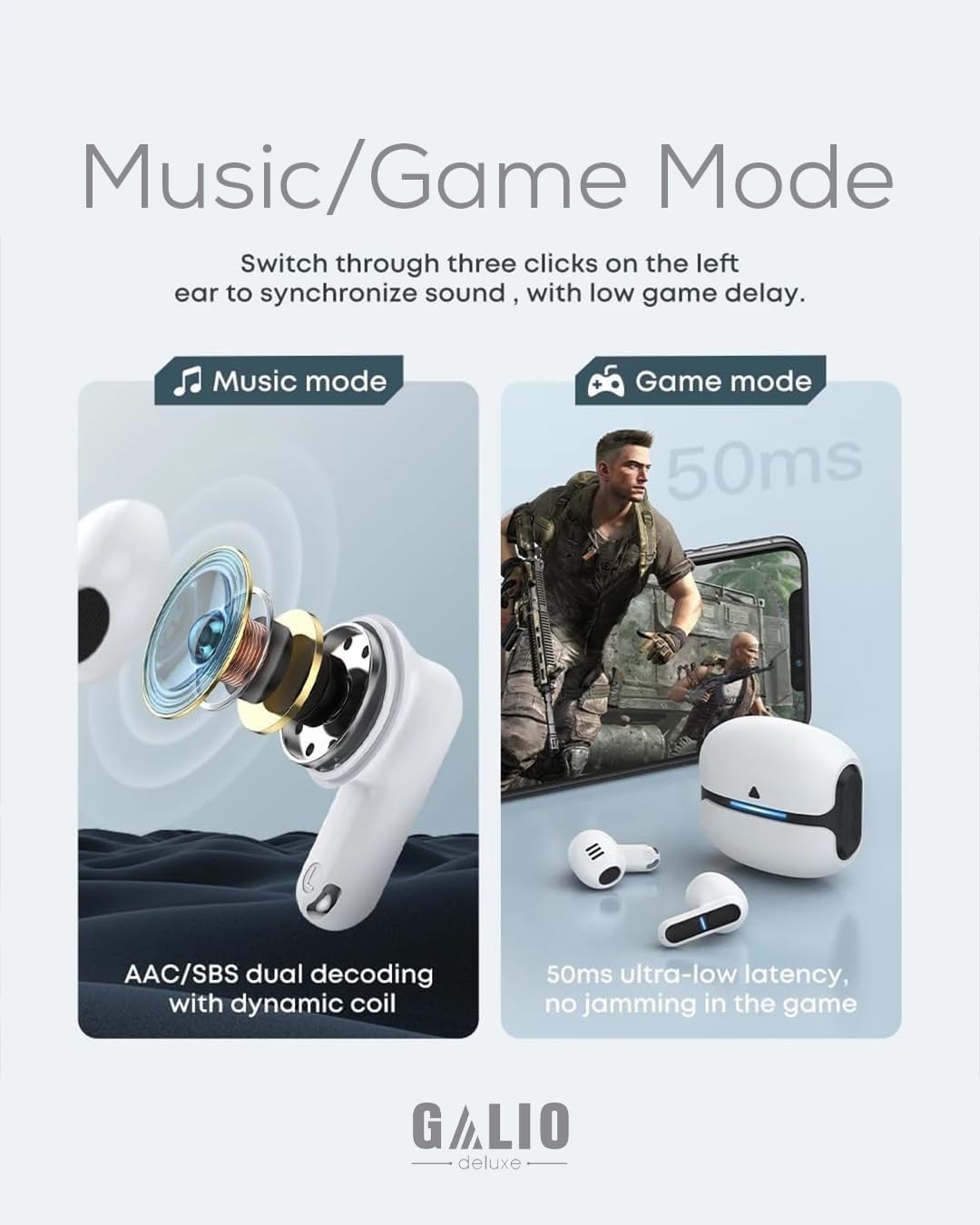 GALIO EP3 Pro Kabellose Bluetooth Kopfhörer in-Ear, ENC Noise Cancellation, Bluetooth, Game&Music Modes, Low Latency