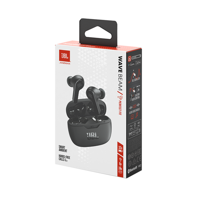 JBL WAVE BEAM - Kabellose In-Ear Ohrhörer mit IP54 und IPX2 Wasserdichtigkeit – Freisprechfunktion und 32 Stunden Akkulaufzeit – Schwarz