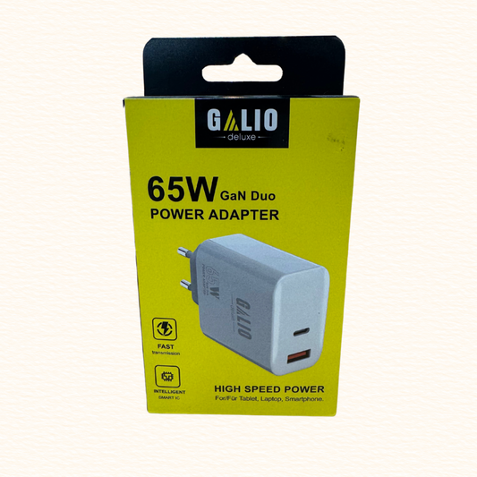 Galio 65W GaN Duo Schnelllade Netzteil | USB-C & USB-A Power Adapter für Laptop, Tablet & Smartphone